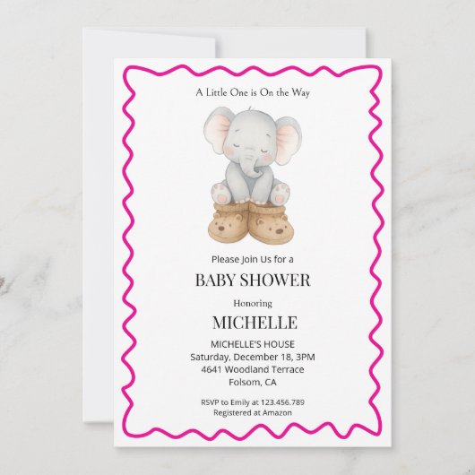 Pink Cute Baby Elephant Baby Shower Invitation  招待状 (正面)