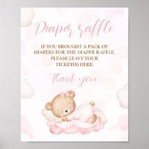 Pink Cute Bear Baby Shower Diaper Raffle Sign