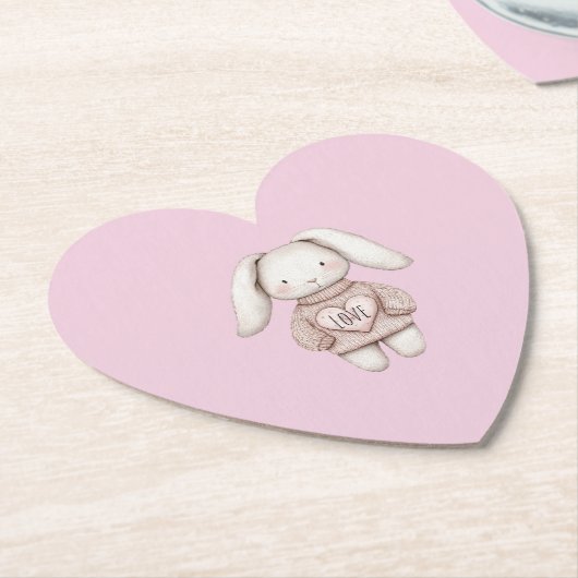 Pink Cute Bunny Pink Sweater Heart Baby Shower ペーパーコースター (アングル)