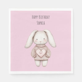 Pink Cute Bunny Pink Sweater Heart Birthday スタンダードランチョンナプキン