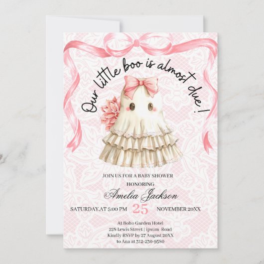 pink cute ghost little boo baby shower Invitation 招待状 (正面)