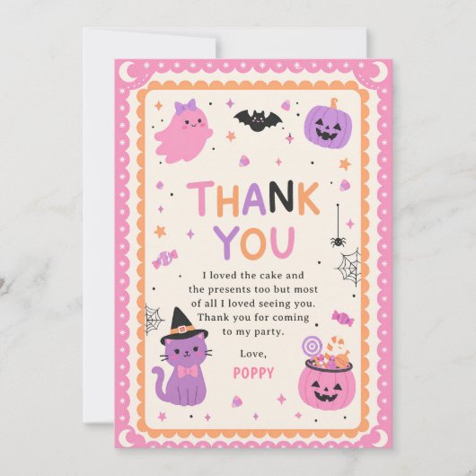 Pink Cute Halloween Ghost Birthday サンキューカード (正面)