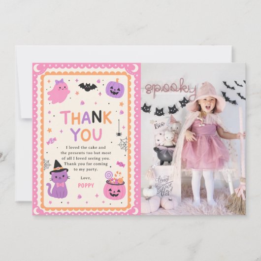 Pink Cute Halloween Ghost Birthday Photo サンキューカード (正面)