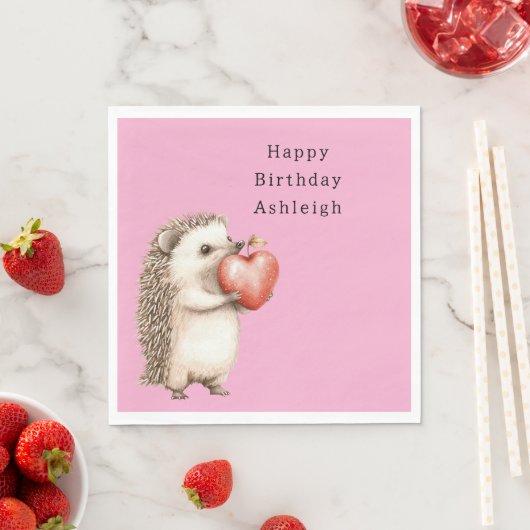 Pink Cute Hedgehog Heart Animal Birthday スタンダードランチョンナプキン (インサイチュ)