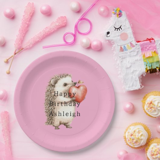 Pink Cute Hedgehog Heart Animal Birthday ペーパープレート (パーティー)