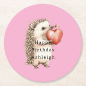 Pink Cute Hedgehog Heart Animal Birthday ラウンドペーパーコースター (正面)