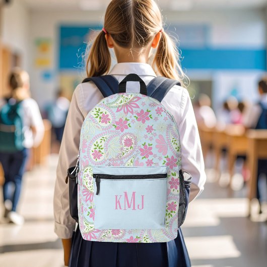 Pink Cute Paisley Monogram Blue Personalized プリントバックパック