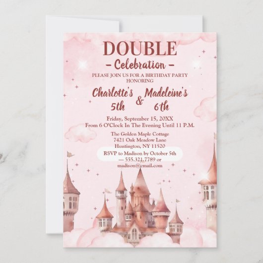  Pink Cute Princess Castle Joint Birthday 招待状 (正面)