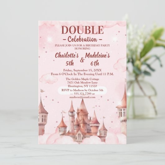  Pink Cute Princess Castle Joint Birthday 招待状 (スタンド正面)