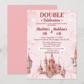  Pink Cute Princess Castle Joint Birthday 招待状 (正面/裏面)