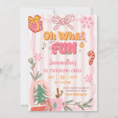 Pink Cute Retro Christmas Winter 1st Birthday 招待状 (正面)