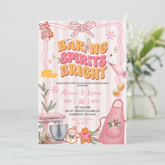 Pink Cute Retro Stripes Baking Spirits Bright 招待状 (スタンド正面)