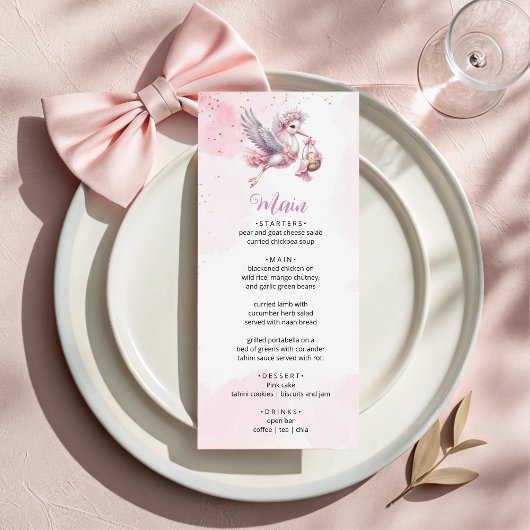 Pink & Cute Stork Baby Girl Shower Menu Card メニュー