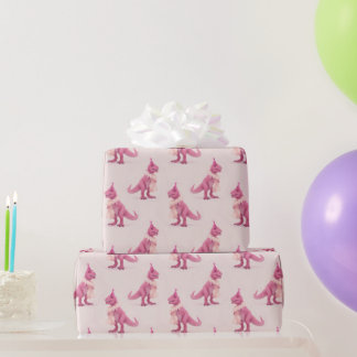 Pink cute t-rex dinasour with boa and party hat ラッピングペーパー