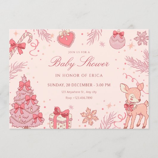 Pink cute winter baby shower 招待状 (正面)