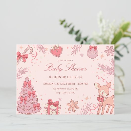 Pink cute winter baby shower 招待状 (スタンド正面)