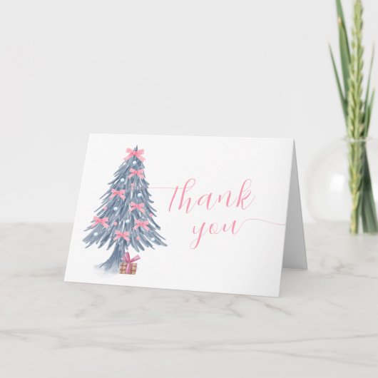 Pink Cute Winter Bow Christmas Tree Baby Shower サンキューカード (正面)