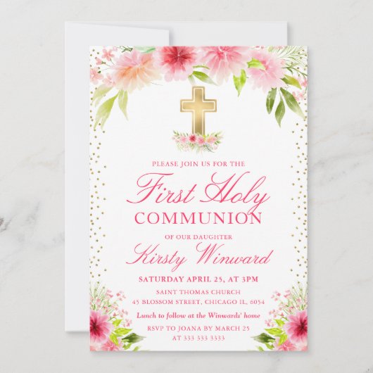Pink Dahlia Peony Flowers First Holy Communion 招待状 (正面)