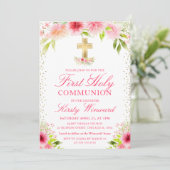 Pink Dahlia Peony Flowers First Holy Communion 招待状 (スタンド正面)