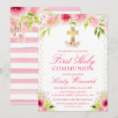 Pink Dahlia Peony Flowers First Holy Communion 招待状 (正面/裏面)