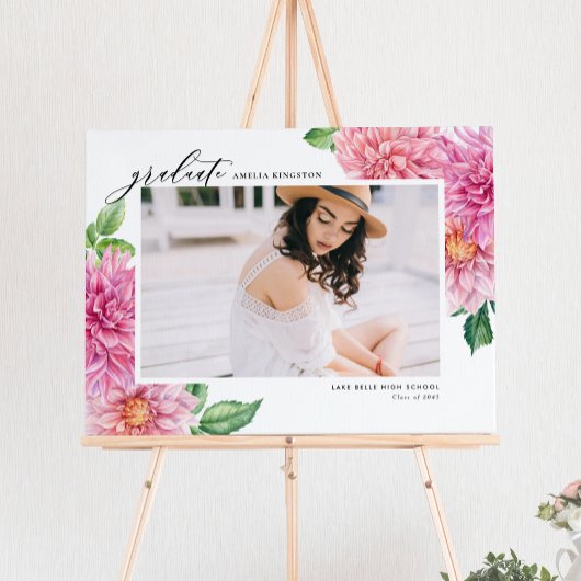 Pink Dahlia Watercolor Botanical Graduation Photo ポスター