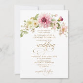 Pink Dahlia Wildflowers Gold Text Wedding | 招待状 (正面)