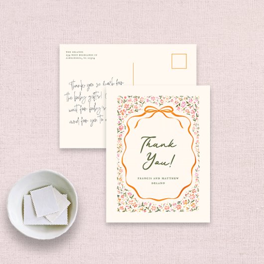 Pink Dainty Flowers and Orange Bow Thank You ポストカード