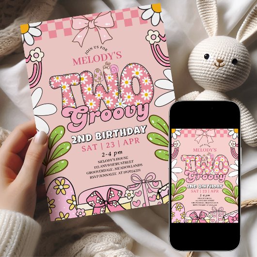 Pink Daisy 2nd Birthday Retro Birthday 招待状