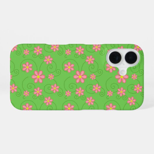 Pink Daisy and Bug Trail Pattern On Bright Green iPhone 16ケース (裏面横)
