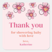 Pink Daisy Baby Shower Square Thank You Sticker スクエアシール (正面)