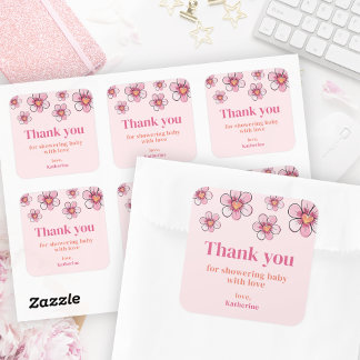 Pink Daisy Baby Shower Square Thank You Sticker スクエアシール