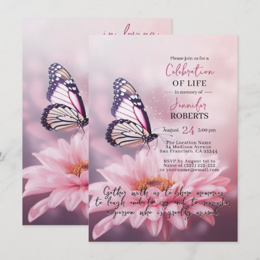Pink Daisy Butterfly Celebration of Life | PHOTO 招待状 (正面/裏面)