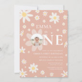 Pink Daisy First 1st Birthday Photo invitation 招待状 (正面)