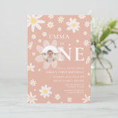 Pink Daisy First 1st Birthday Photo invitation 招待状 (スタンド正面)