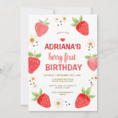 Pink Daisy Floral Gingham Berry First Birthday 招待状 (正面)