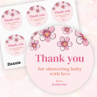 Pink Daisy Girl Baby Shower Thank You  ラウンドシール
