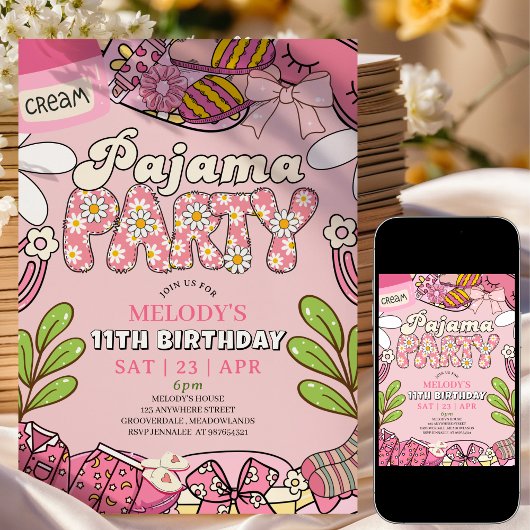 Pink Daisy Pajama Party Birthday  招待状