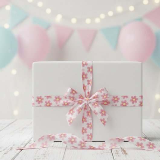 Pink Daisy Pattern Ribbon - Cute Floral Satin サテンリボン