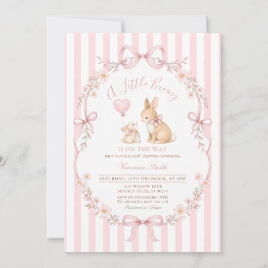 Pink Daisy Striped Bunny Baby Shower 招待状 (正面)