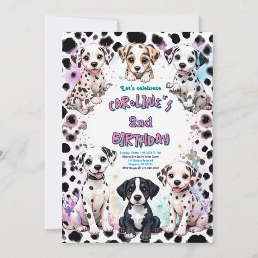 Pink Dalmatian Puppies Purple Birthday 招待状 (正面)