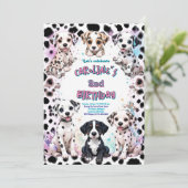 Pink Dalmatian Puppies Purple Birthday 招待状 (スタンド正面)