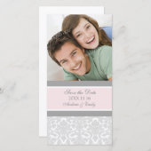 Pink Damask日付のフォトカ結婚ードを保存 セーブザデート (正面/裏面)