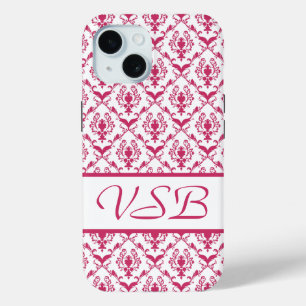 Pink Damask #2 with monogram at VictoriaShaylee iPhone 15ケース