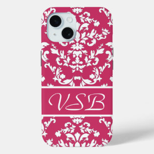 Pink Damask #3 with monogram at VictoriaShaylee iPhone 15ケース
