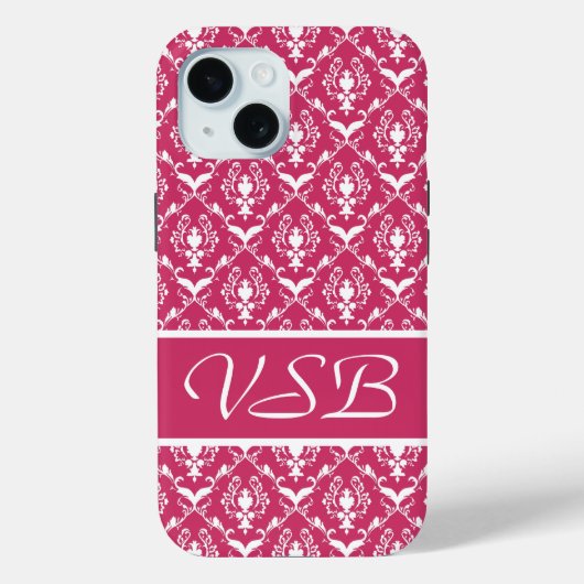 Pink Damask #5 with monogram at VictoriaShaylee Case-Mate iPhoneケース (裏面)