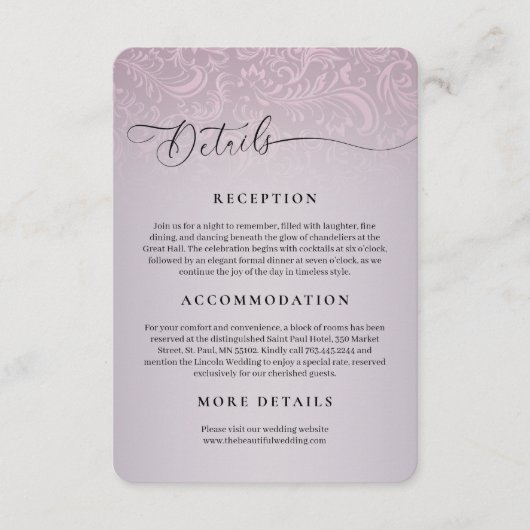 Pink Damask Wedding Reception Details Enclosure エンクロージャーカード (正面)