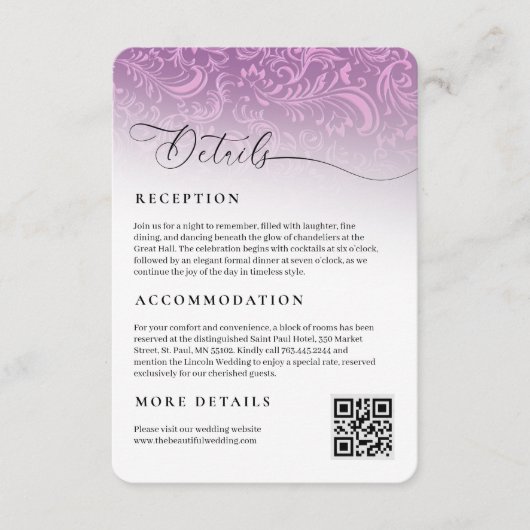 Pink Damask Wedding Reception Details Enclosure エンクロージャーカード (正面)