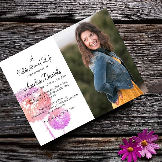 Pink Dandelion写真お祝いof Life Card 招待状