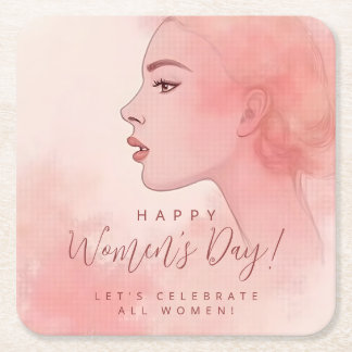 Pink Delicate Minimalist Woman Happy Women's Day スクエアペーパーコースター