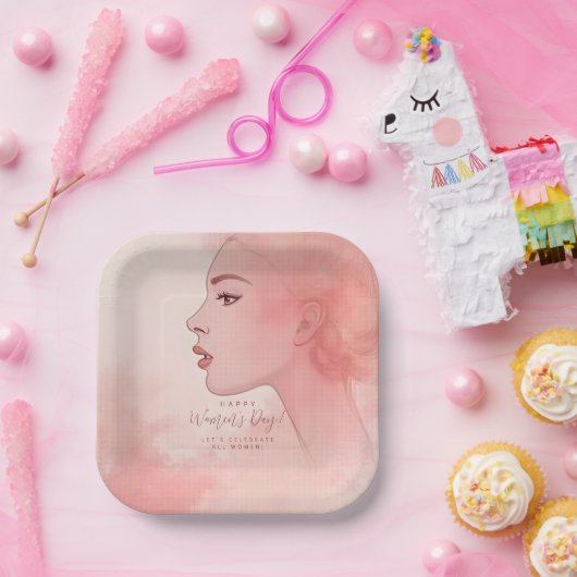 Pink Delicate Minimalist Woman Happy Women's Day ペーパープレート (パーティー)